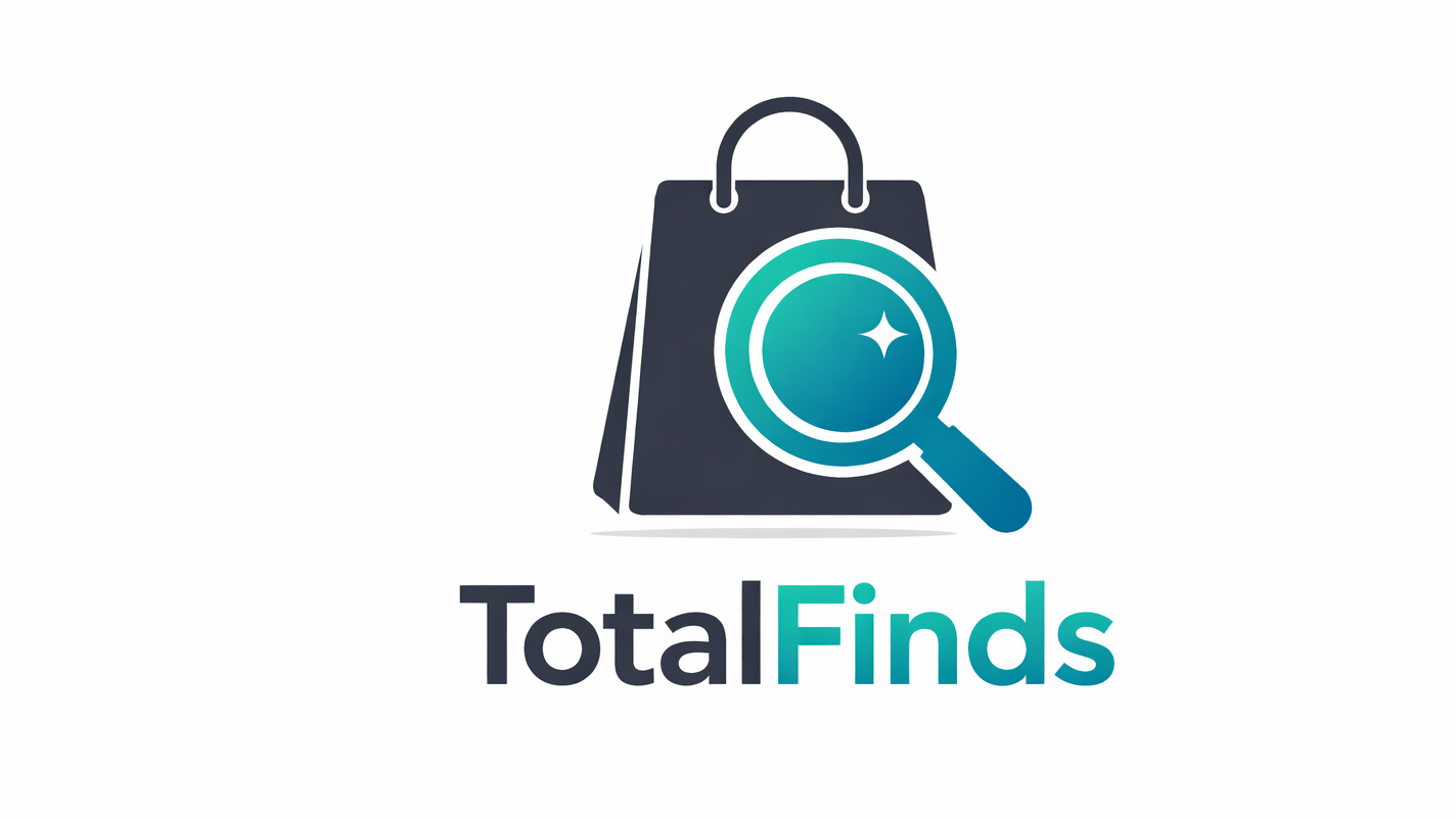 Logo of TotalFinds with a shopping bag and magnifying glass on a white background